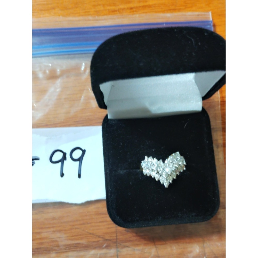 925 Sterling Silver Pave Crystal Heart Cluster Cocktail Ring Size 7 Womens